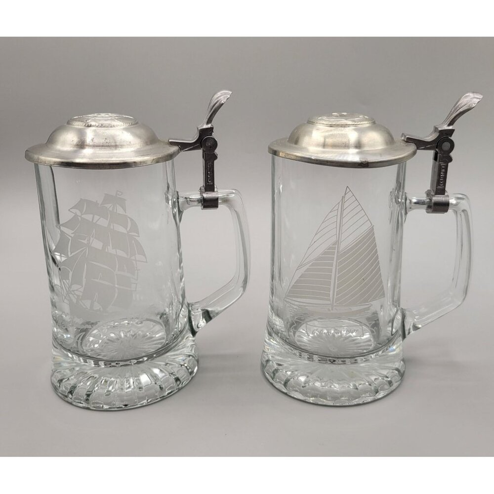Old Spice Beer Steins Tankards Glass Etched Ships Nautical West Germany Set of 2